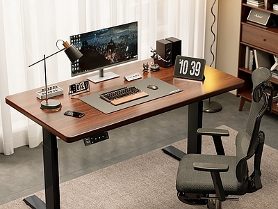 现代中古书房 升降桌 书桌 电脑 键盘 鼠标