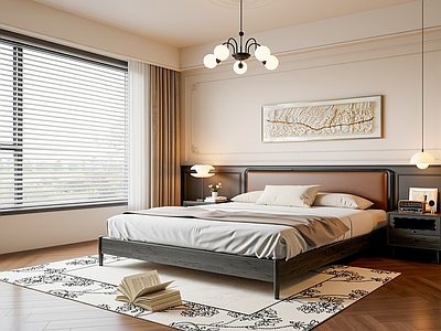 法式家居卧室 法式卧室 实木双人床 床头柜 吊灯 挂画 地毯