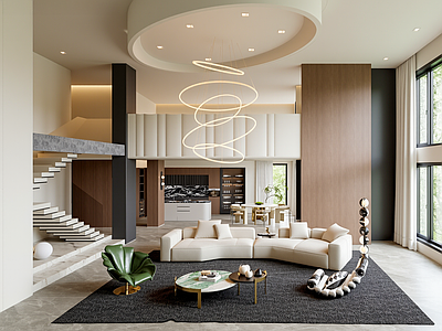 现代客餐厅 现代轻奢别墅客餐 意式轻奢别墅客餐 挑空别墅客餐厅 别墅客餐厅