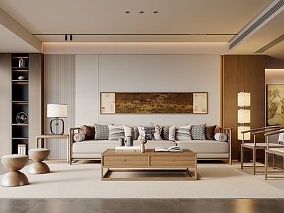 新中式家居客厅 宋式风 沙发茶几 三人沙发 休闲椅 挂画