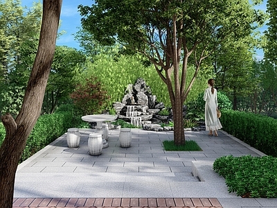 现代简约别墅庭院 房前极简小庭院 极简假山小院
