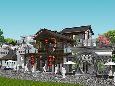 新中式中式风格建筑 中式院落 院落餐厅 空中院落 传统川西院落