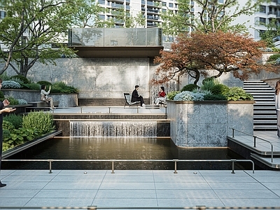 现代轻奢小区景观 入口 高差 会客厅 水景 台阶