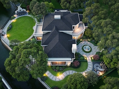 法式美式别墅庭院 现代法式美式花园 儿童器材 中央水钵水景 花园大门 卡座篝火