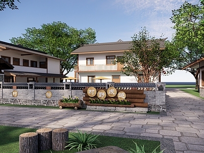 现代新中式乡村庭院 乡村庭院 乡村围墙 乡村矮墙 庭院矮墙 菜地矮墙