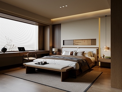 新中式家居卧室 宋式风 实木双人床 床头柜 吊灯 卧室飘窗