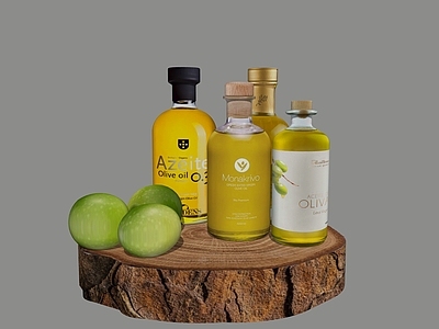 调味品 橄榄油 玻璃瓶 树桩木头 菜板 水果橄榄