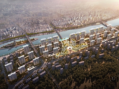现代鸟瞰规划 现代 黄昏 未来社区 城市鸟瞰 第四代住宅模