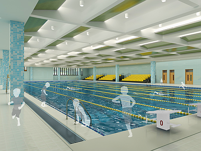 现代工业游泳馆 现代风格游泳馆 伸缩座椅 游泳池 铝板穿孔板吊顶 工业风游泳馆