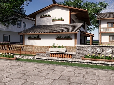 现代新中式乡村庭院 菜园菜地 乡村围墙 围墙矮墙 围挡 民宿矮墙