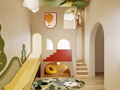 现代奶油民宿 亲子空间 儿童空间 室内滑梯 儿童乐园 民宿前厅