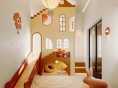 现代奶油民宿 亲子空间 室内滑梯 儿童乐园 儿童房 民宿前厅