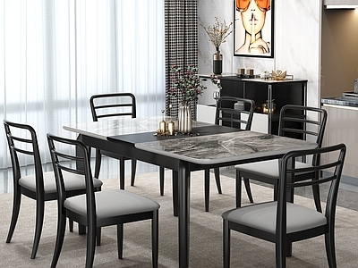 中式新中式餐桌 岩板餐桌 方形餐桌 长餐桌