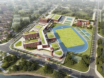 美式现代学校建筑 中学教学楼 幼儿园 红砖 学院派风格