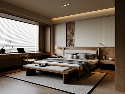 新中式家居卧室 宋式风 实木双人床 床头柜 吊灯 书桌椅