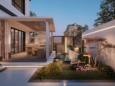 现代简约别墅庭院 住宅花园 花园亭子 花园水景 花园秋千 小户型花园
