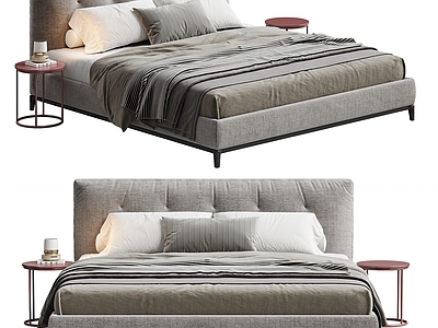 现代简约双人床 MINOTTI 现代简约双人床 布艺双人床 高级灰双人床 台灯