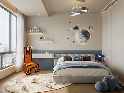 现代奶油男孩房 吊灯 单椅 儿童床
