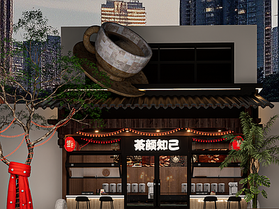 新中式极简奶茶店 国潮风餐饮店 国潮风奶茶店 网红店铺门头 网红打卡店 网红茶室国潮店铺