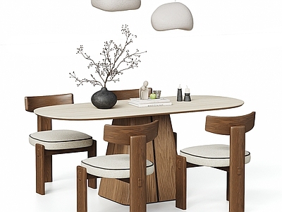 侘寂中古餐桌椅 侘寂中古风餐桌椅 岩板餐桌 实木餐椅 椭圆形餐桌 吊灯