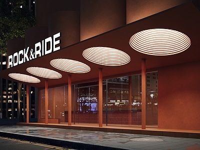 现代复古咖啡厅 门头 室外 夜景