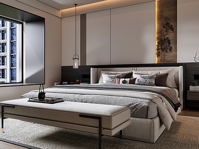 新中式中式家居卧室 主卧 老人房 新中式主卧 卧室 背景墙