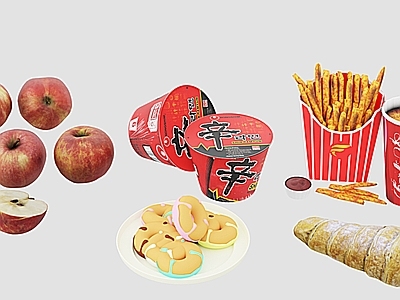酒水食物 现代食物水果组合 面包奶酪 泡面薯条可乐 苹果组合