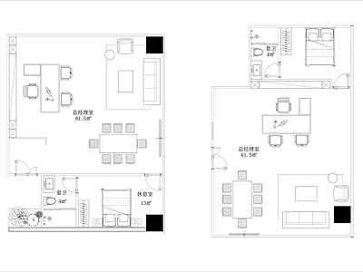 现代新中式独立办公室 经理室 总裁室 经理 副总裁 总裁平面 施工图