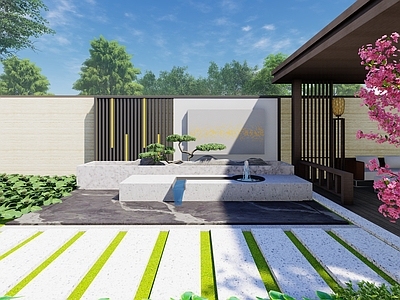 新中式现代住宅区景观 别墅院子 小院景观 院子lumion 三层别墅建筑
