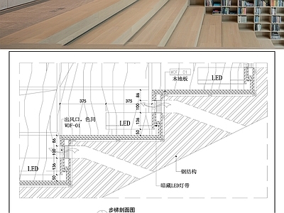 现代极简楼梯节点 木楼梯 楼梯剖面 木地板楼梯 图书馆楼梯 楼梯节点 施工图