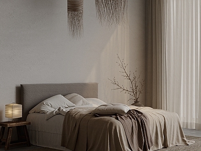 侘寂中古家居卧室 谢柯 侘寂自然风卧室 侘寂布艺双人床 编织吊灯 野口勇台灯