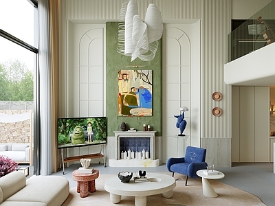 现代奶油别墅客餐厅 挑空层客餐厅设计 跃层设计 别墅客餐厅设计 奶油风餐厅设计 包豪斯客餐厅设计