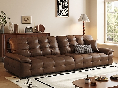 现代中古双人沙发 油蜡皮沙发 直排沙发