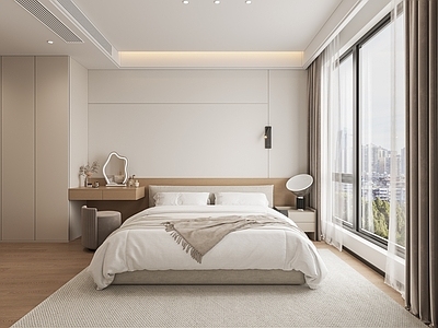 原木极简家居卧室 无主灯卧室 卧室梳妆台