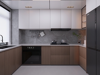 现代原木封闭式厨房 u型厨房