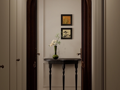 中古复古家居卧室 中古风主卧 拱形门洞 双开门 中古弧形双开门