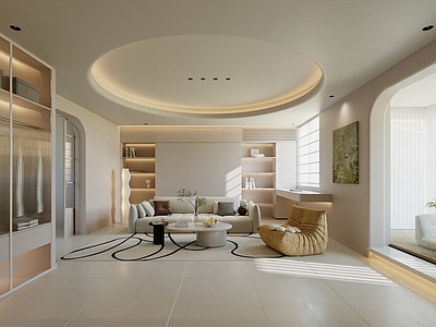 现代奶油家居卧室 卧室梳妆台 主卧 地台卧室 无主灯卧室