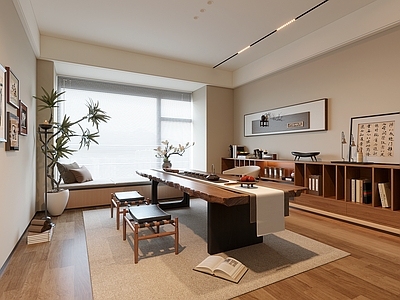 现代中古茶室 茶桌椅组合 侘寂茶室 茶具 茶室装饰品 装饰画