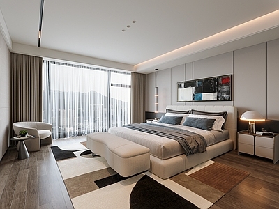 现代轻奢家居卧室 双人床 床尾凳 休闲椅