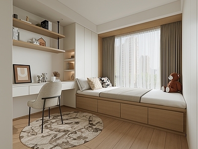 现代奶油通用儿童房 榻榻米儿童房 卧室书房一体 书桌椅