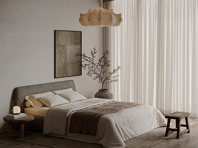 侘寂中古家居卧室 侘寂自然风双人床 蚕丝吊灯 亚麻布艺窗帘 斜顶卧室 干枝花瓶