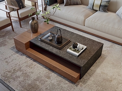 新中式中古茶几 方形茶几 石材茶几 桌面摆件 茶几摆件