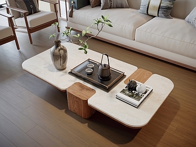 新中式复古茶几 石材茶几 方形茶几 客厅茶几 茶几摆件