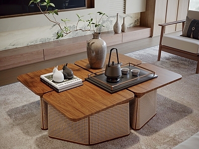 新中式复古茶几 方形茶几 木茶几 客厅茶几 藤编茶几