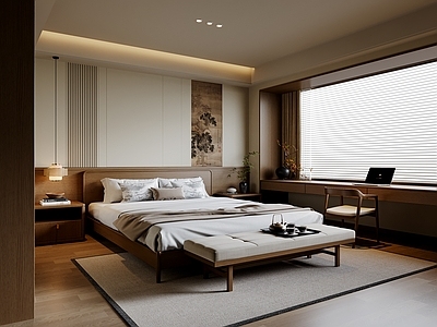 新中式家居卧室 宋式风 实木双人床 床头柜 吊灯 书桌椅