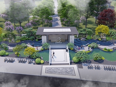 现代新中式住宅区景观 示范区景观 入口水景 居住区入口 示范区水景 住宅入口水景