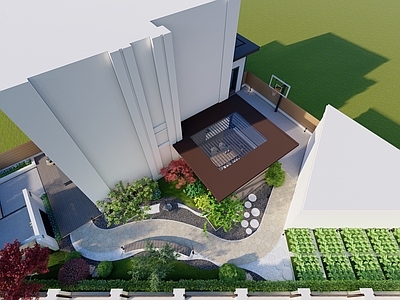 新中式廊架 新中式庭院 新中式廊架 碎拼小路 圆形汀步石 篮球架