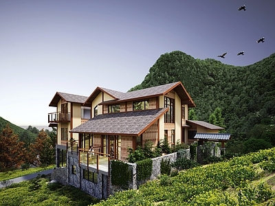 新中式现代木屋 山地民宿 木制别墅 乡村建筑 新中式建筑