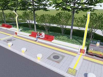 现代口袋公园 道路界面 市政街道 街景 街景界面