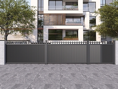 新中式现代景观围栏 竖百叶围栏 单开小门 现代庭院围栏